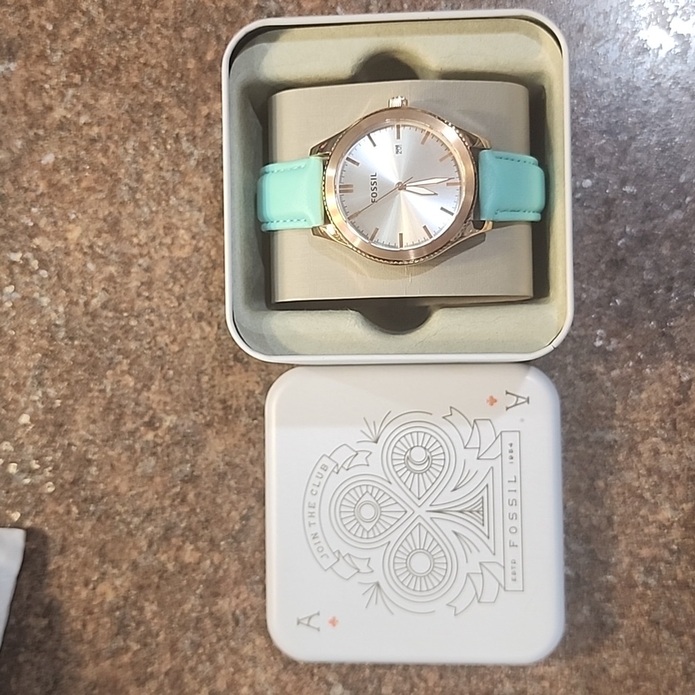 Fossil Watch- Typographer with Rosegold Case and Seafoam Leather Band